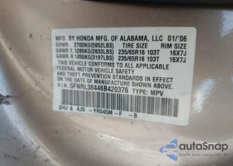 2006 Honda Odyssey Ex z USA, uszkodzony, nr VIN 5FNRL38446B420376